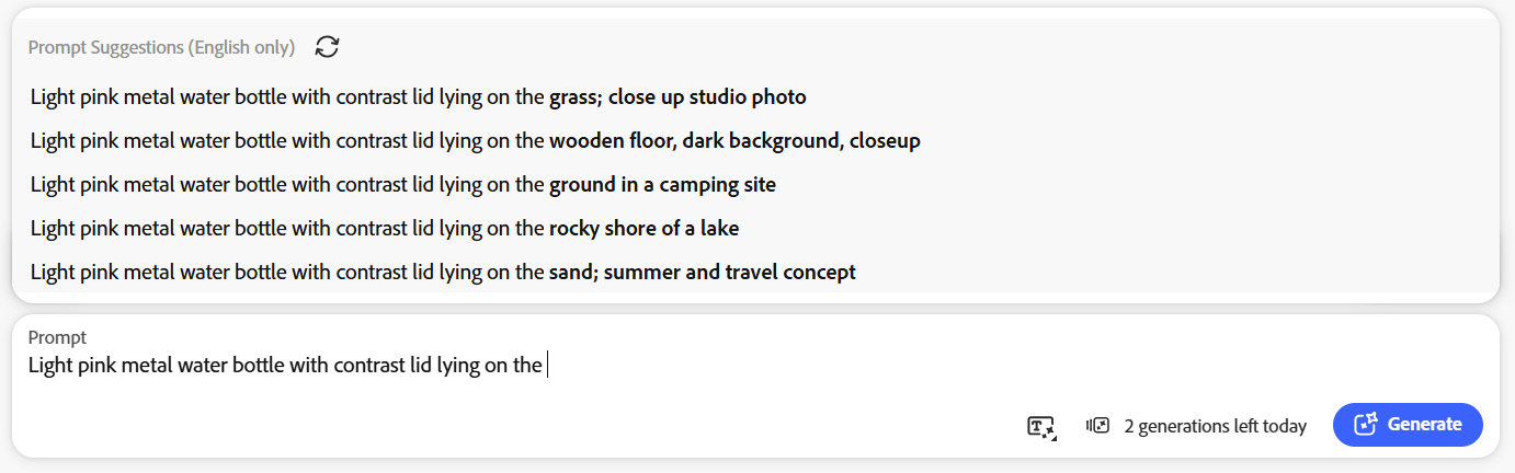 Adobe Firefly image generator prompt suggestions