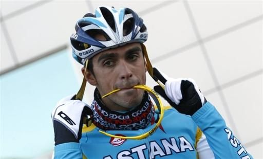 Alberto Contador gets ready for a training ride at the Astana camp in Calpe, Spain.