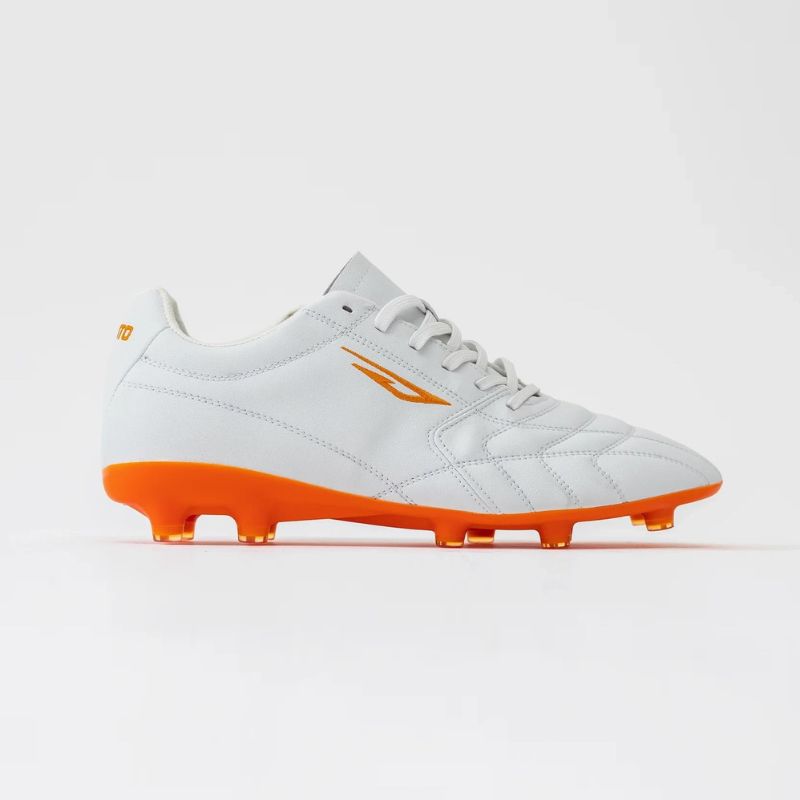 Sokito Devista football boot in white with an orange sole plate