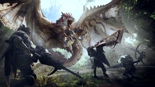 Monster Hunter World screenshot of four hunters fighting a large winged creature