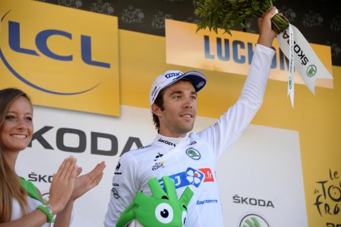 Thibaut Pinot (FDJ) celebrates his first white jersey for the Tour's best young rider