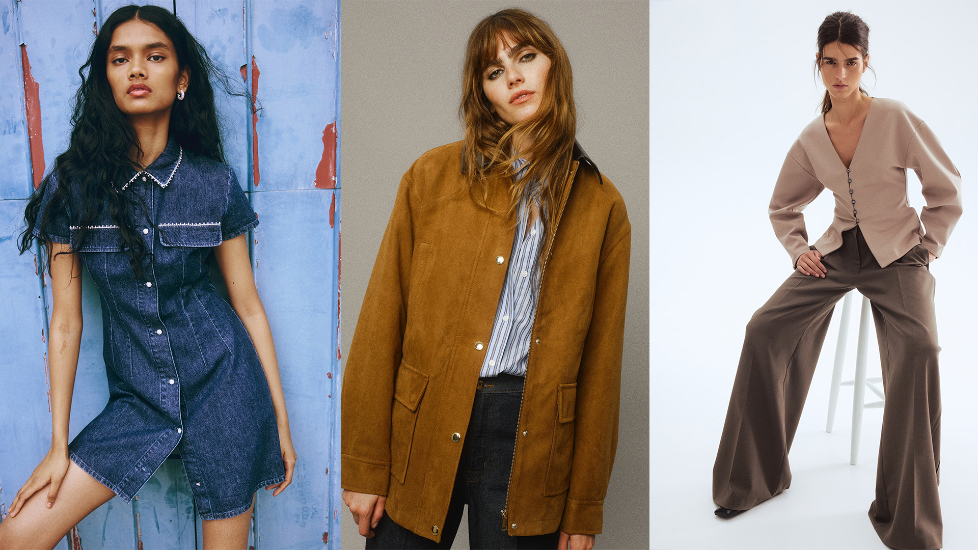 Collage of models wearing H&amp;M clothes, including a suede-look jacket, a denim dress, and a cinched cardigan.