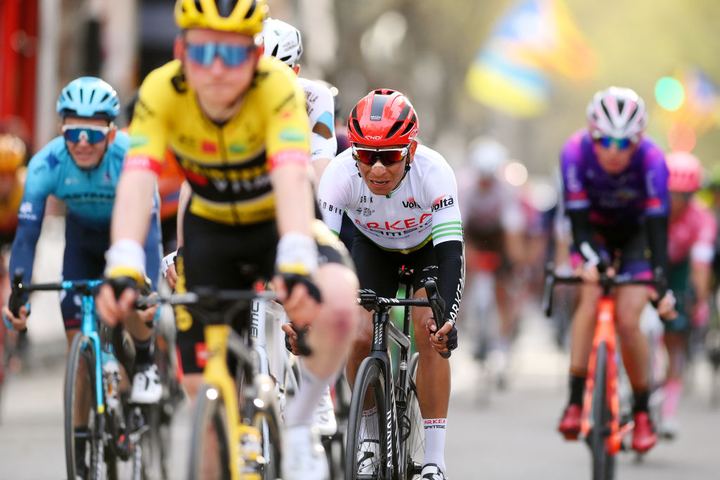 VILANOVA I LA GELTRU SPAIN MARCH 25 Nairo Alexander Quintana Rojas of Colombia and Team Arka Samsic green leader jersey reacts after cross the finishing line during the 101st Volta Ciclista a Catalunya 2022 Stage 5 a 2063km stage from La Pobla de Segur to Vilanova i la Geltr VoltaCatalunya101 WorldTour on March 25 2022 in Vilanova i la Geltru Spain Photo by David RamosGetty Images