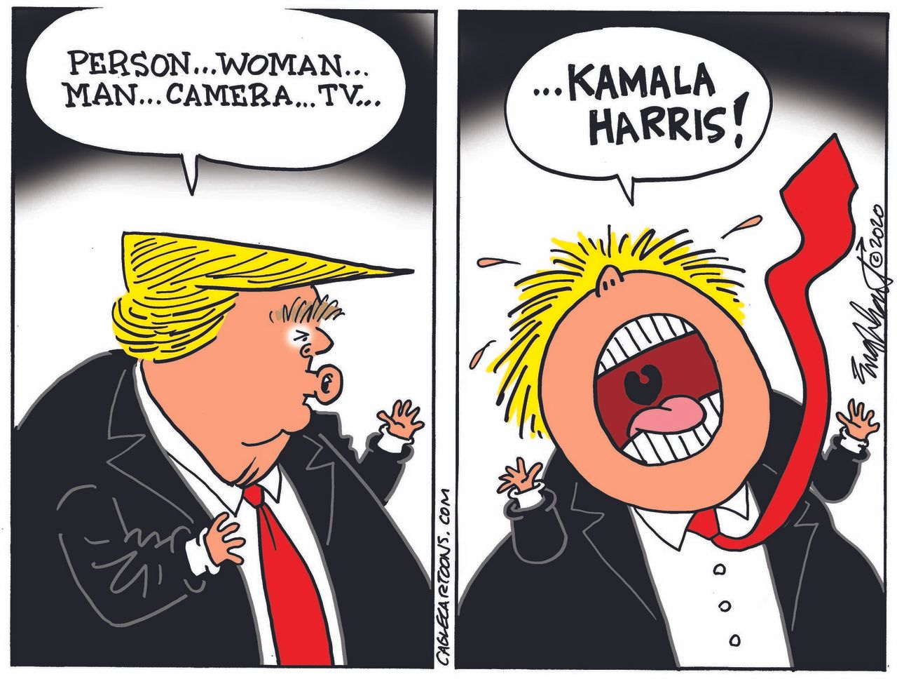 Political Cartoon U.S. President Trump Person Woman Man Camera TV Kamala Harris Cognitive Test