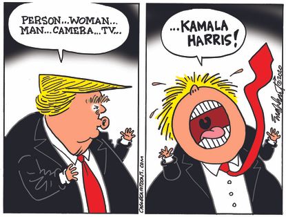Political Cartoon U.S. President Trump Person Woman Man Camera TV Kamala Harris Cognitive Test