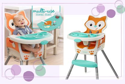A collage of images of the Infantino Fox Grow with Me 4-in-1 Convertible Highchair Review, one of the best high chairs 2022