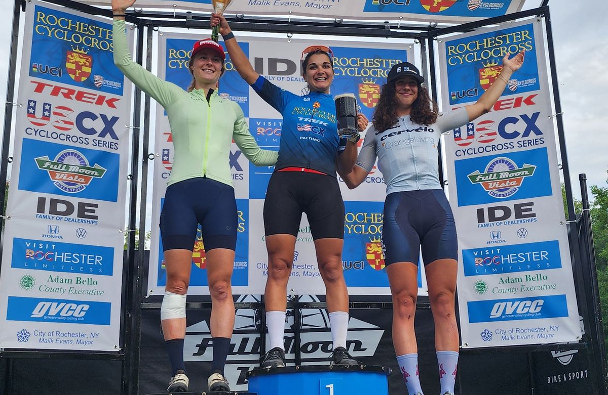 Elite women's podium C1 Rochester Cyclocross 2024 (L to R): Maghalie Rochette second, winner H&eacute;l&egrave;ne Clauzel (Van Rysel Racing) and Sidney McGill (Cervelo-Orange Living) third