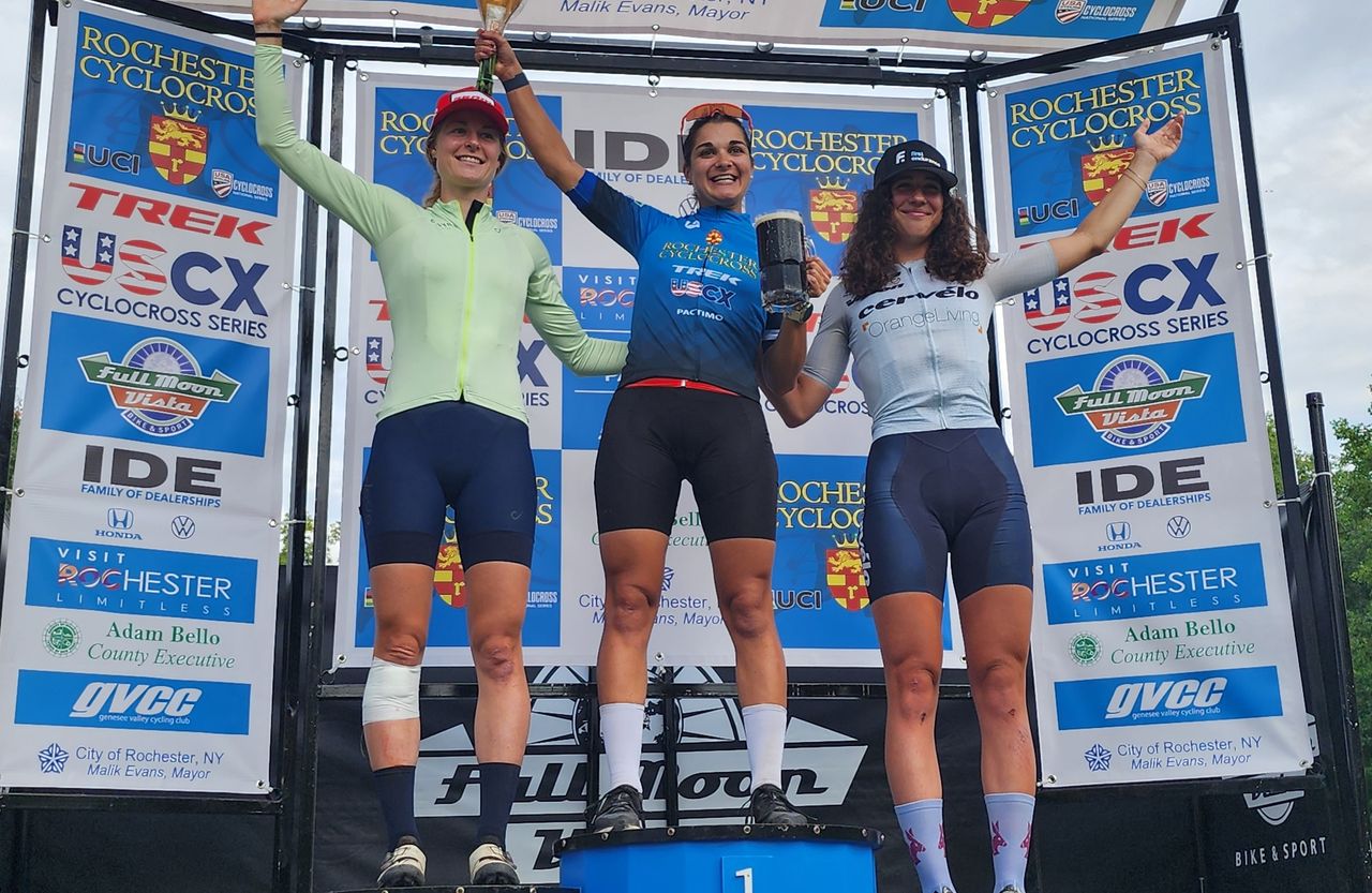 Elite women's podium C1 Rochester Cyclocross 2024 (L to R): Maghalie Rochette second, winner H&eacute;l&egrave;ne Clauzel (Van Rysel Racing) and Sidney McGill (Cervelo-Orange Living) third