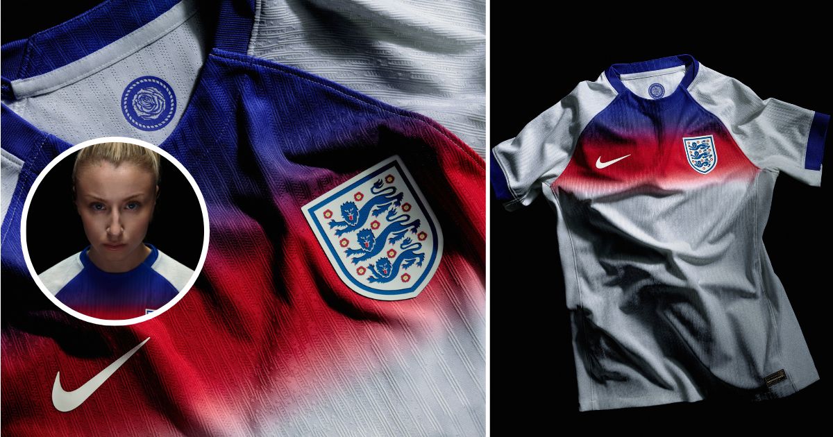 Leah Williamson next to the England Euro 2025 shirt by Nike