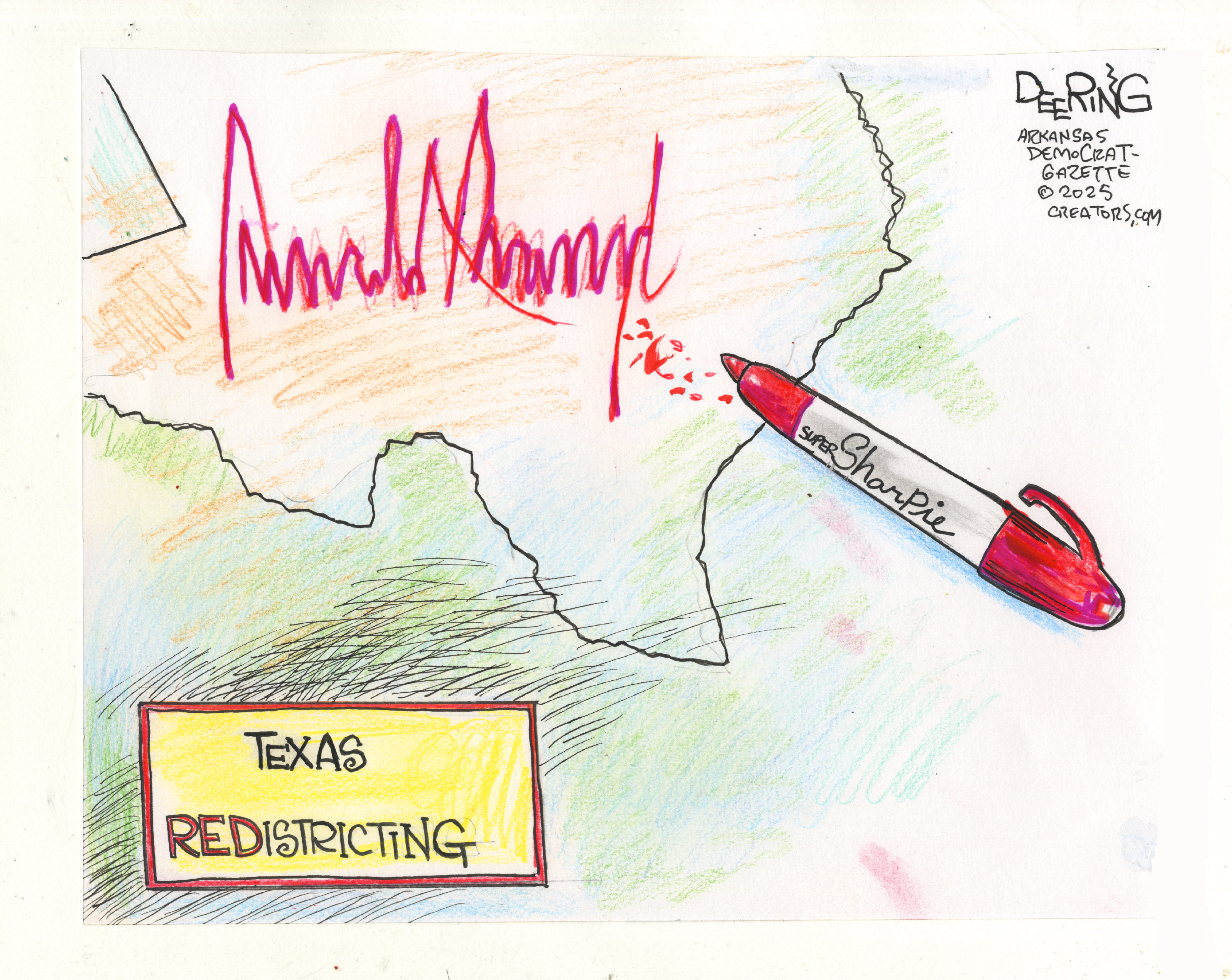 This political cartoon is titled “Texas REDistricting” It depicts the outline of Texas and a red Sharpie pen. Donald Trump has signed his name on the state with the pen.