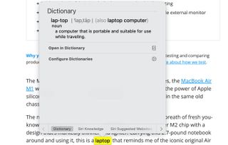 A screenshot of the define word feature on a MacBook