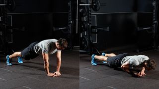 man demonstrates two positions of the diamond press-up