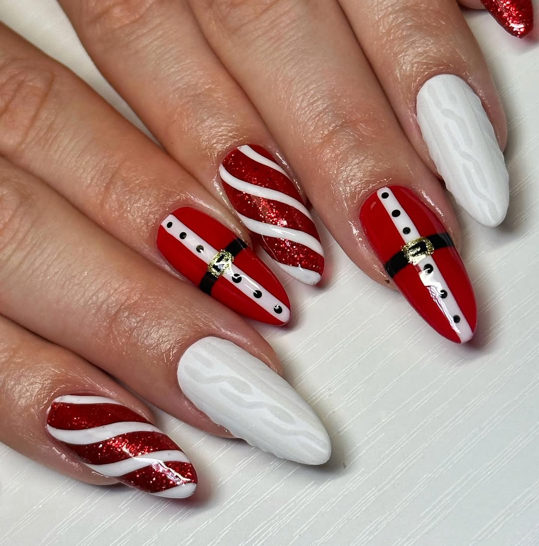 white and red santa christmas nails
