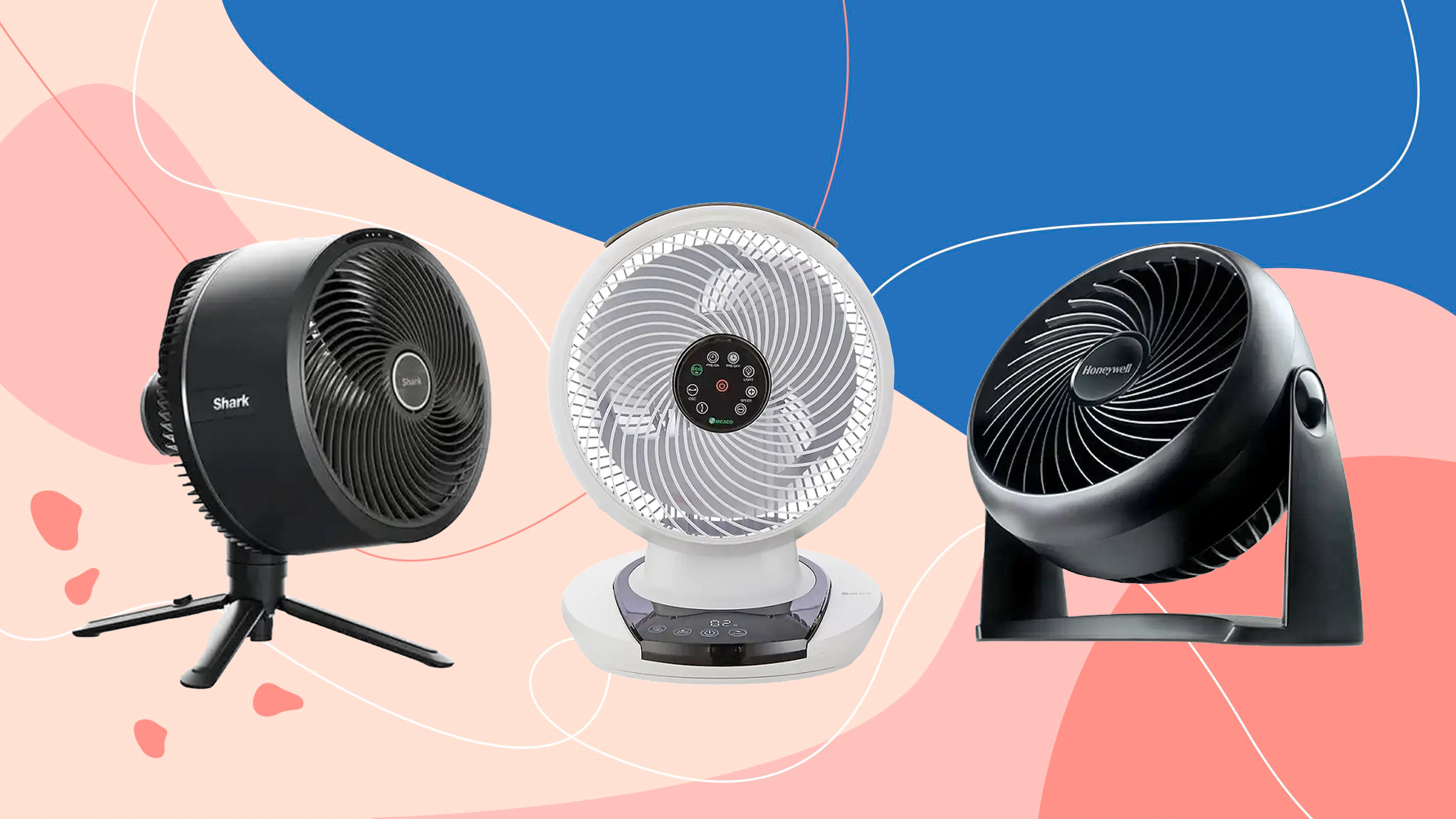 Shark, Meaco and Honeywell desk fans on a pink and blue background