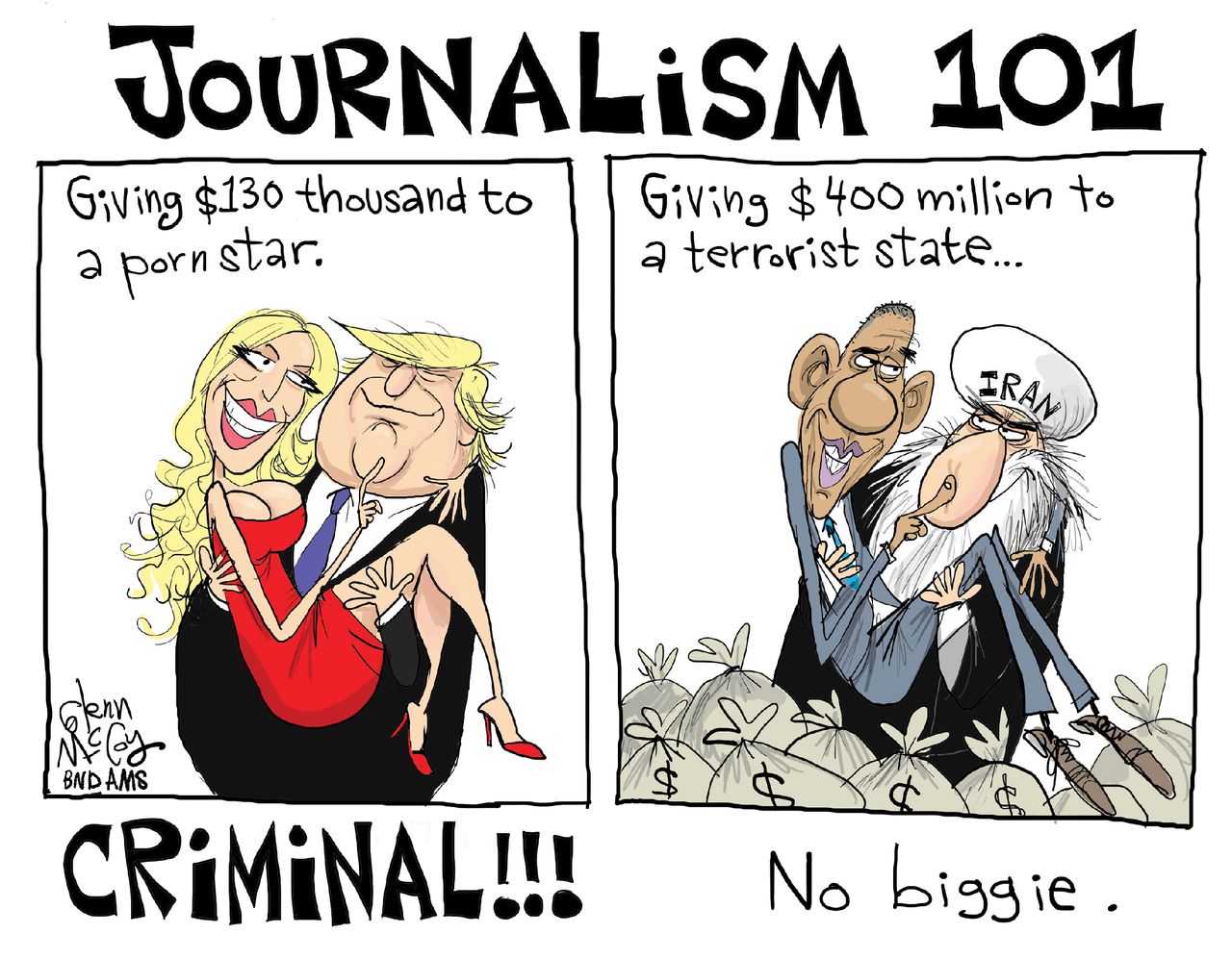 Political cartoon U.S. Trump Stormy Daniels hush money Obama Iran nuclear deal journalism media