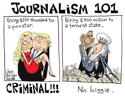 Political cartoon U.S. Trump Stormy Daniels hush money Obama Iran nuclear deal journalism media