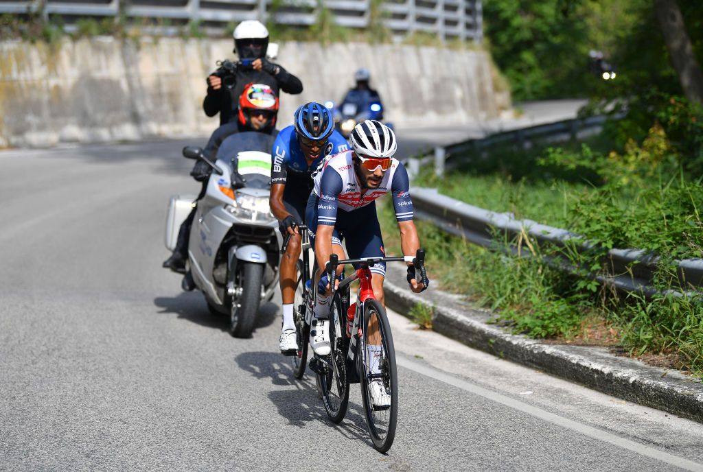 SARNANO ITALY SEPTEMBER 11 Amanuel Gebreigzabhier of Eritrea and Team NTT Pro Cycling Julien Bernard of France and Team TrekSegafredo Breakaway during the 55th TirrenoAdriatico 2020 Stage 5 a 202km stage from Norcia to SarnanoSassotetto 1335m TirrenAdriatico on September 11 2020 in Sarnano Italy Photo by Justin SetterfieldGetty Images