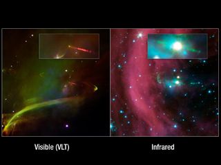 This image layout shows two views of the same baby star -- at left is a visible-light image, and at right is an infrared image from NASA's Spitzer Space Telescope. Spitzer's view shows that this star has a second, identical jet shooting off in the opposite direction of the first. Both jets are seen in green in the Spitzer image, emanating from the fuzzy white star. Only one jet can be seen in the visible image in red.