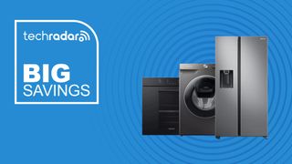 Samsung appliances on blue background with big savings text overlay