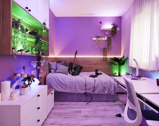 Neon purple-colored small bedroom with a bed, dresser, and white desk and plants