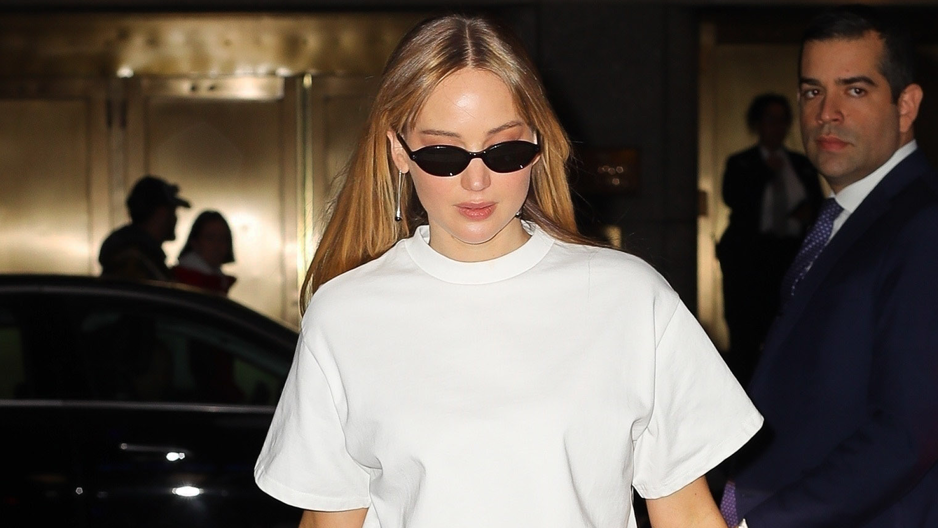 Jennifer Lawrence arrived at The Tonight Show Starring Jimmy Fallon wearing an elevated T-shirt skirt set from Lii Spring 2026