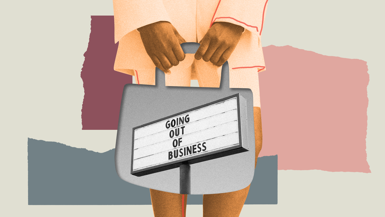 An illustration art of a woman holding a cutout shape of a handbag. Inside the shape it shows a photo of a sign saying &quot;going out of business.&quot;