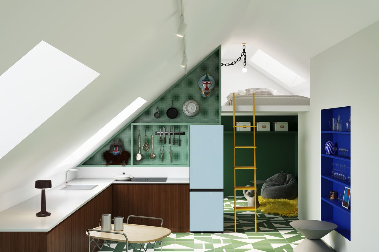 Loft studio apartment with white wall bunk bed kitchen