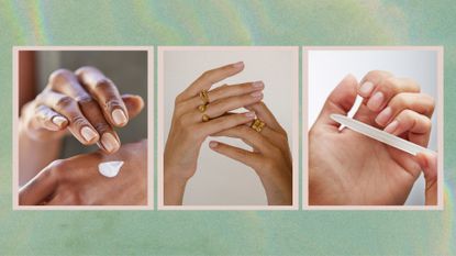 Collage of three images showing close-ups of hands with healthy nails