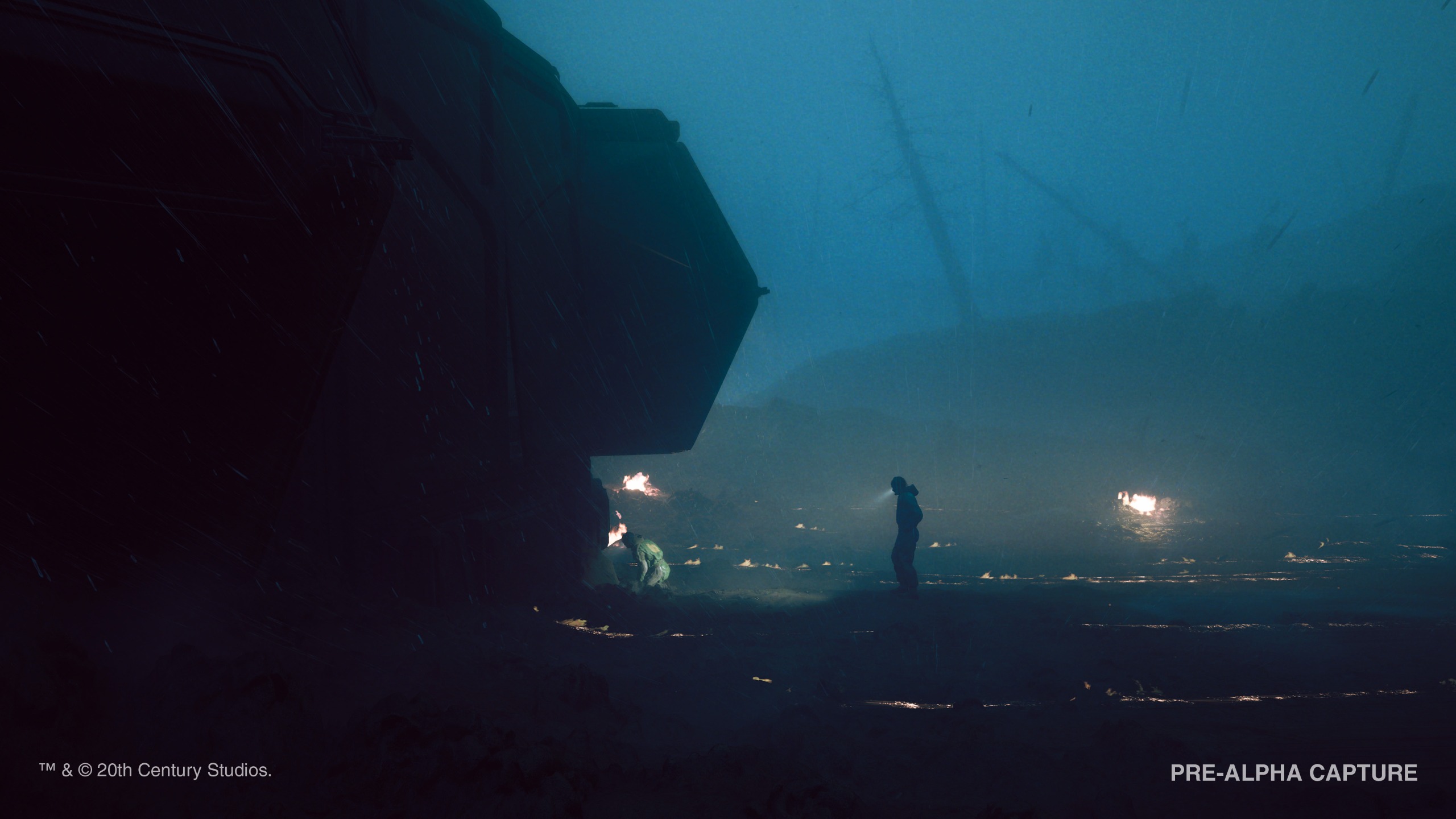 Dark exterior of crashed ship.