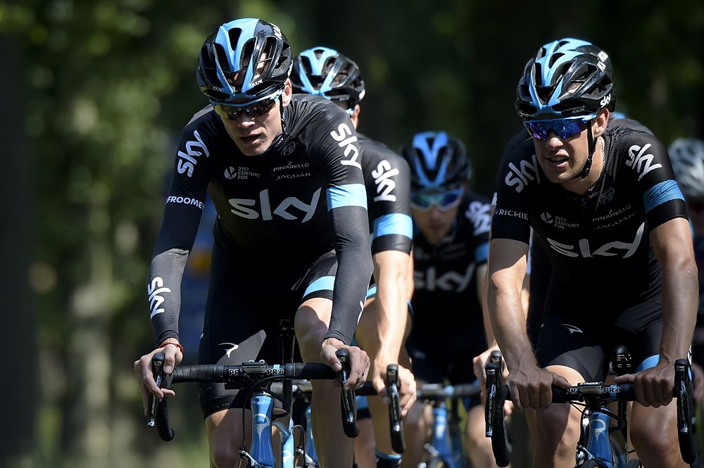 Team Sky's Chris Froome and Richie Porte lead their teammates on a training ride in Utrecht