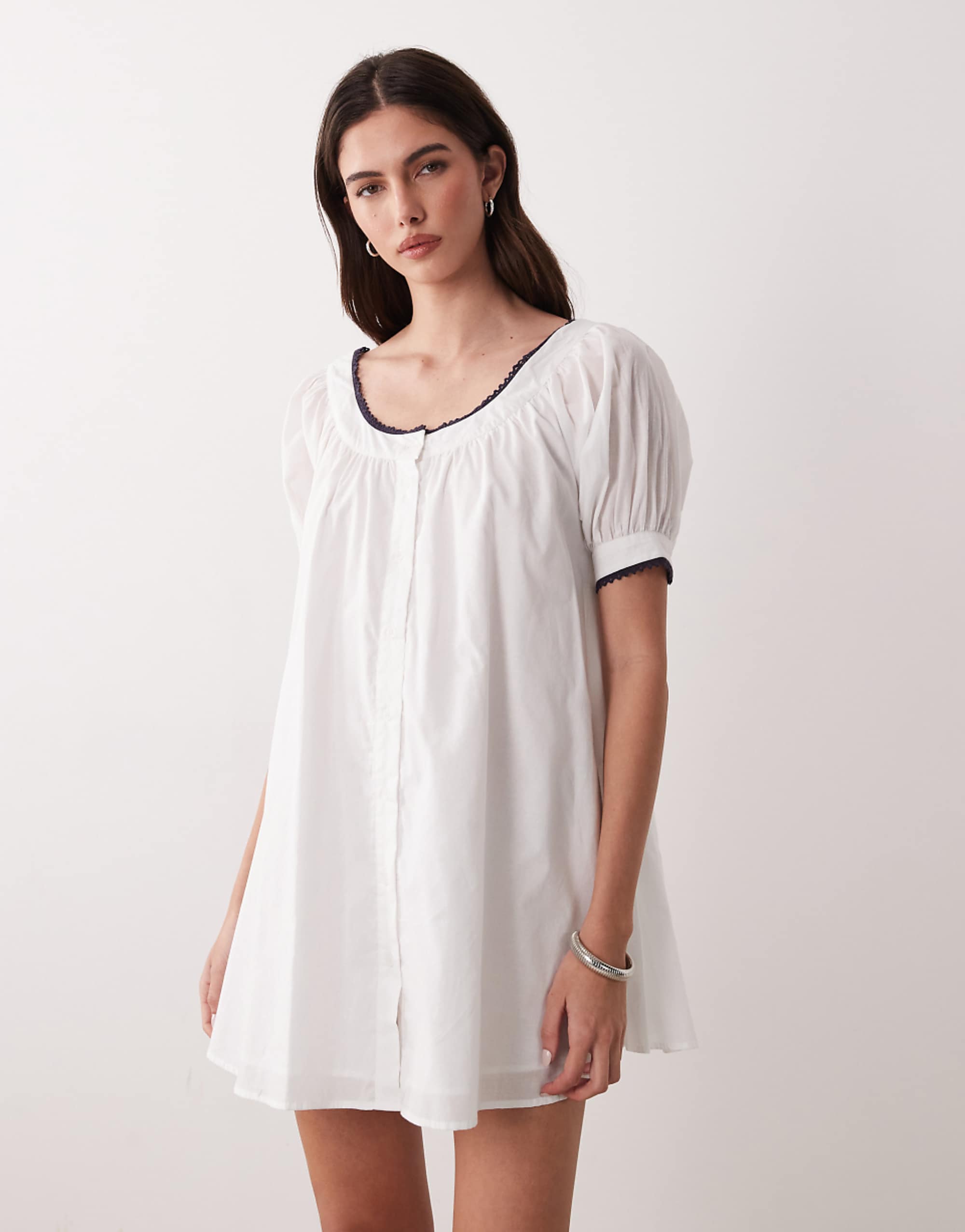 Asos Design Babydoll Button Down Mini Dress in White