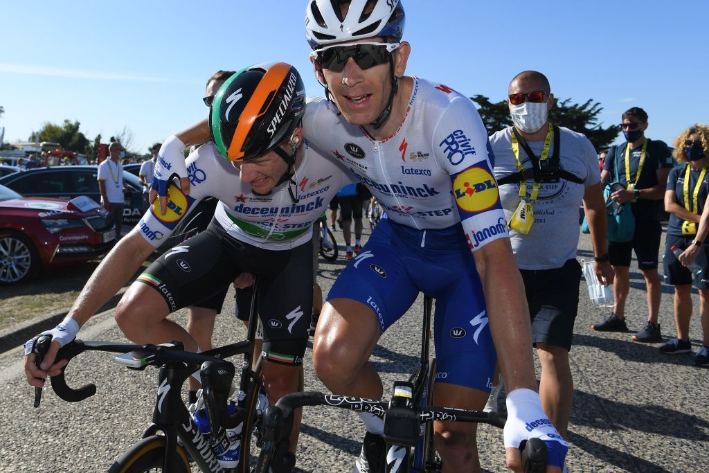 Sam Bennett and Michael M&oslash;rk&oslash;v after the Irishman won his first stage