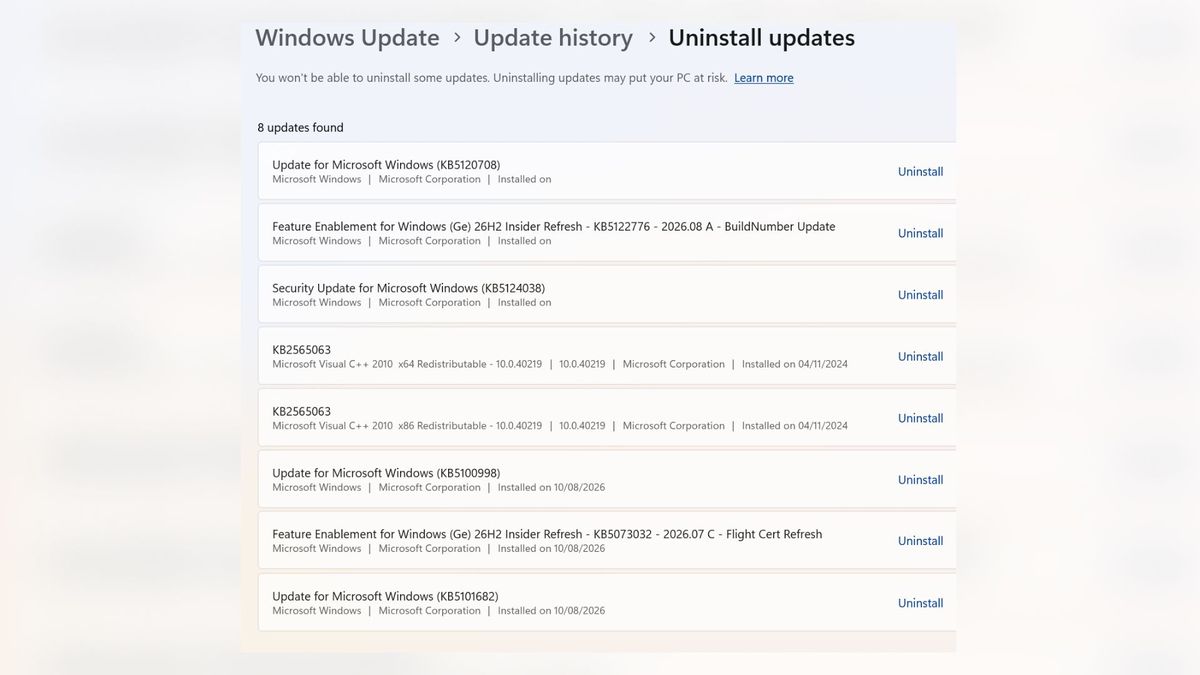 A screenshot of the uninstall updates option in Windows 11