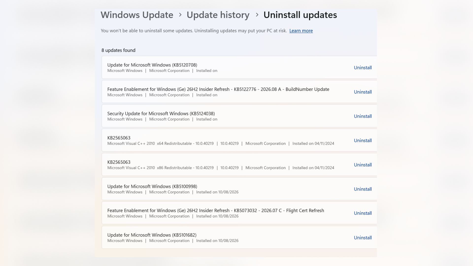 A screenshot of the uninstall updates option in Windows 11