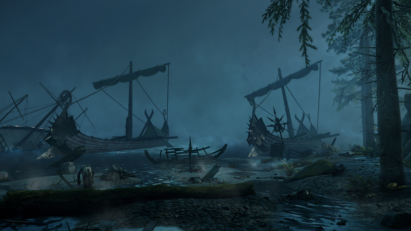 Longships float on the shore of a misty river in Vermintide 2