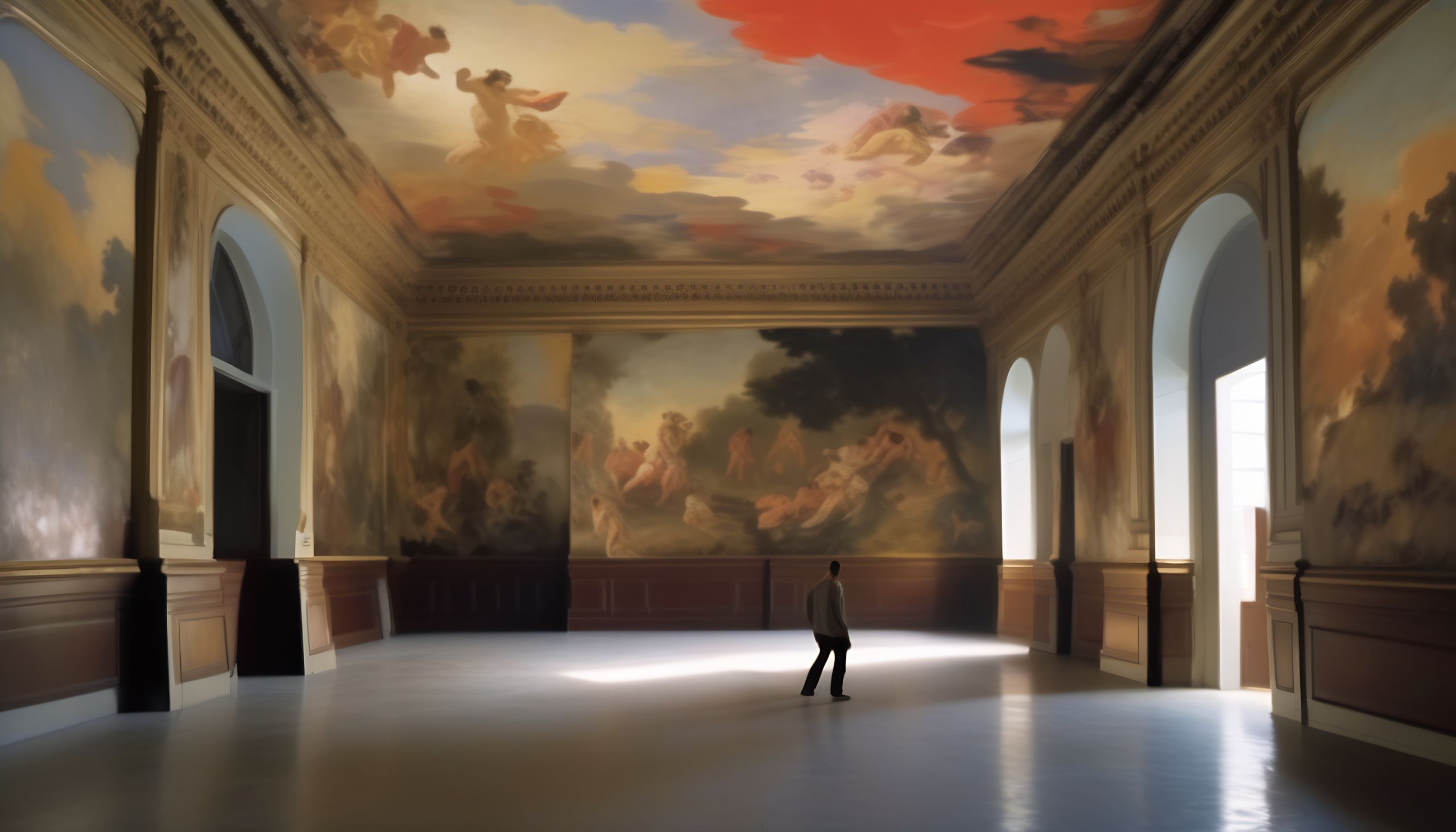 Botto's The Threshold of Reverie: a lone figure in a vast hall with painted walls and ceiling