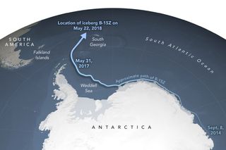 Iceberg B-15 broke off of the Ross Ice Shelf in 2000, floated three quarters of the way around Antarctica and is now veering north toward its doom.