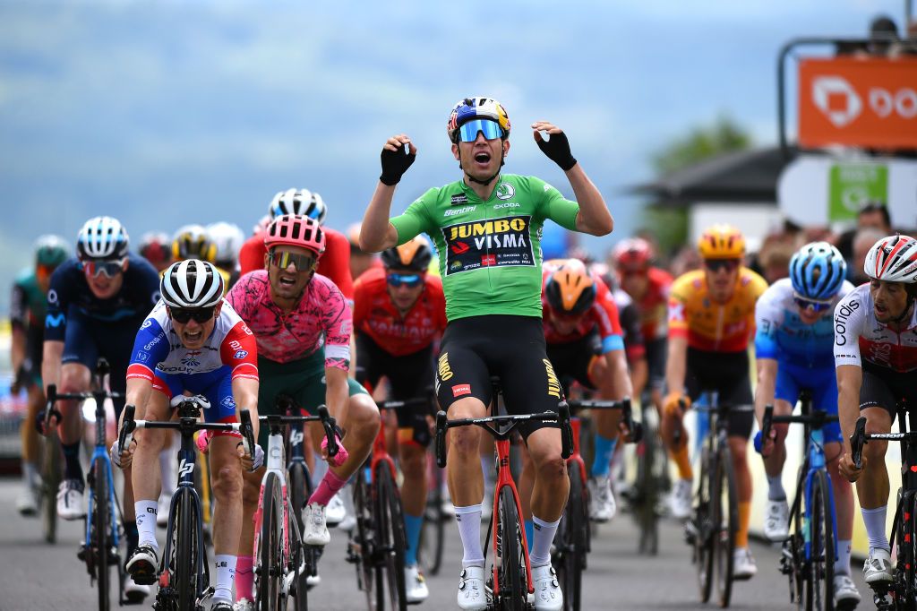 CHASTREIXSANCY FRANCE JUNE 07 LR Stage winner David Gaudu of France and Team Groupama FDJ Ruben Guerreiro of Portugal and Team EF Education Easypost Wout Van Aert of Belgium and Team Jumbo Visma Green Points Jersey and Victor Lafay of France and Team Cofidis sprint at finish line during the 74th Criterium du Dauphine 2022 Stage 3 a 169km stage from SaintPaulien to ChastreixSancy 1391m WorldTour Dauphin on June 07 2022 in ChastreixSancy France Photo by Dario BelingheriGetty Images