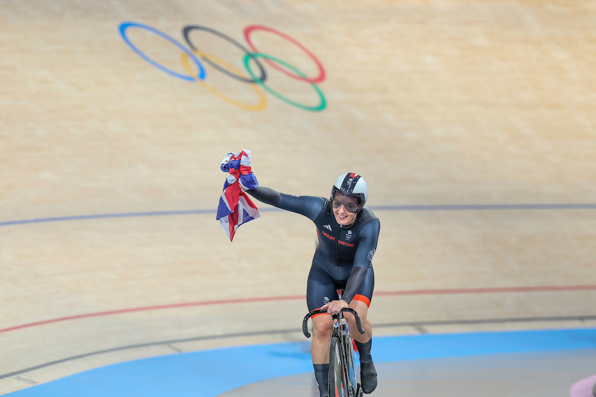 Katy Marchant celebrates winning Team Sprint Gold at the 2024 Olympics in Paris, France. Alex Whitehead/SWpix.com 