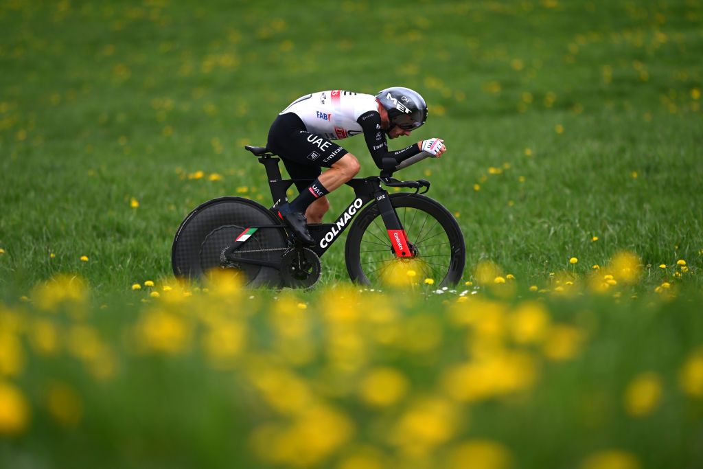 CHTELSAINTDENIS SWITZERLAND APRIL 28 Adam Yates of United Kingdom and UAE Team Emirates sprints during the 76th Tour De Romandie 2023 Stage 3 a 1875km individual time trial stage from ChtelSaintDenis to ChtelSaintDenis UCIWT on April 28 2023 in ChtelSaintDenis Switzerland Photo by Dario BelingheriGetty Images