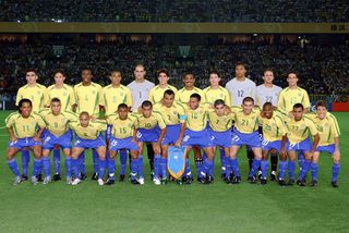 YOKOHAMA, JAPAN - June 30: Brazil Full Squad Group (br) Lucio, Edmilson, Roque Junior, Gilberto Silva, Marcos, Kaka, Vampeta' Anderson Polga, Dida, Rogerio Ceni, Juliano Belletti, (fr) Ronaldinho, Ronaldo, Roberto Carlos, Kleberson, Rivaldo, Cafu, Junior, Ricardinho, Luizao, Edilson, Denilson, Juninho Paulista before the FIFA World Cup Final Match 2002 match between Germany and Brazil at International Stadium Yokohama on June 30, 2002 in Yokohama, Japan. (Photo by Richard Sellers/Sportsphoto/Allstar via Getty Images)