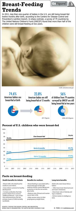 By age one, the percentage of babies being breast-fed drops to under one quarter.