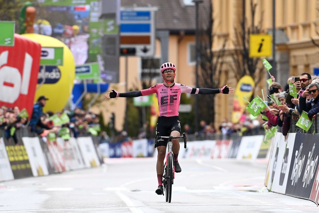 BRUNICO ITALY APRIL 21 Simon Carr of United Kingdom and Team EF EducationEasypost celebrates at finish line as stage winner during the 46th Tour of the Alps 2023 Stage 5 a 1445km stage from Cavalese to Brunico on April 21 2023 in Brunico Italy Photo by Tim de WaeleGetty Images