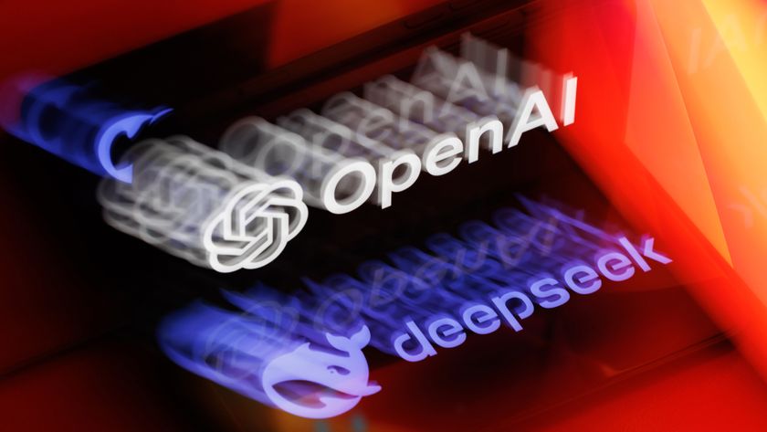 The OpenAI logo and the DeepSeek logo shown on glass with distorted reflections behind them, with orange light leaking into frame on the right-hand side.