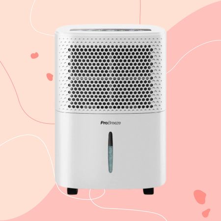 Pro Breeze 12L Low Energy Dehumidifier on pink background