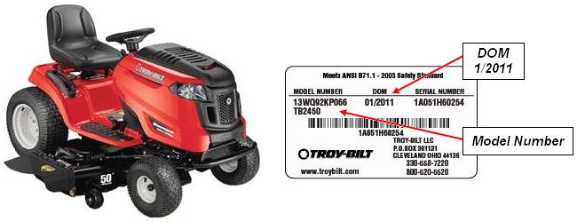 Troy-Bilt Tractor Identification (Located under seat)