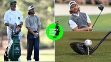 Tommy Fleetwood and his caddie, Tommy Fleetwood holding his finish on a drive and a close-up of a driver and a ball 