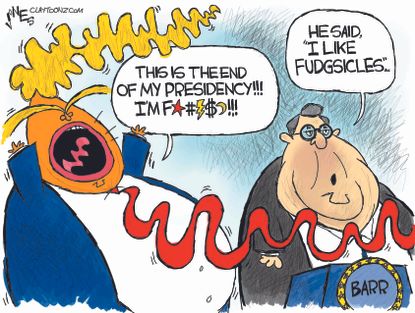 Political Cartoon U.S. Trump Barr redactions Mueller report