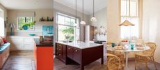 Three examples of kitchen lighting trends. Colorful blue and red kitchen with kitchen island. Red and pink kitchen with pendant lights over island, wall lights over shelf. Wicker low hanging pendant over round marble pendant, wicker chairs