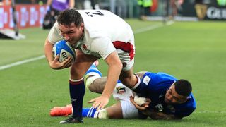 Jamie George of England dives over the line ahead of the England vs Italy Six Nations 2024 match